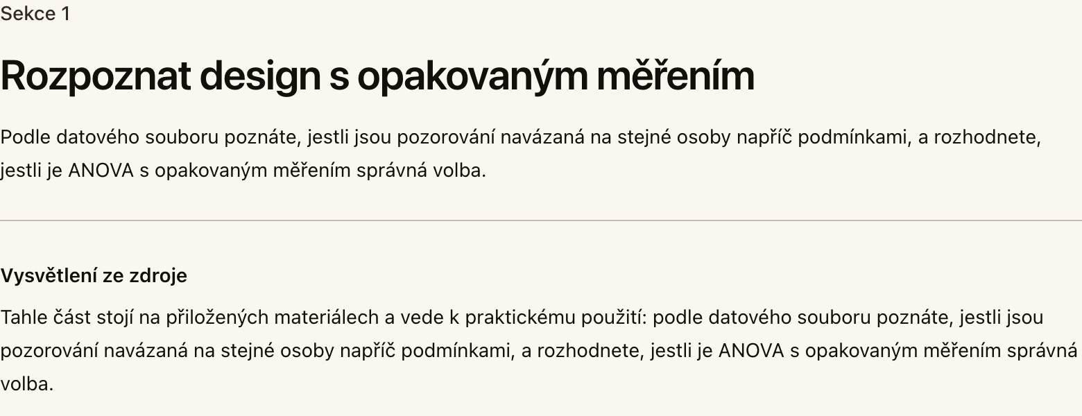Obsah kurzu v Coursition: napsaná sekce s vysvětlením z nahraného souboru a praktickým úkolem pod ním.