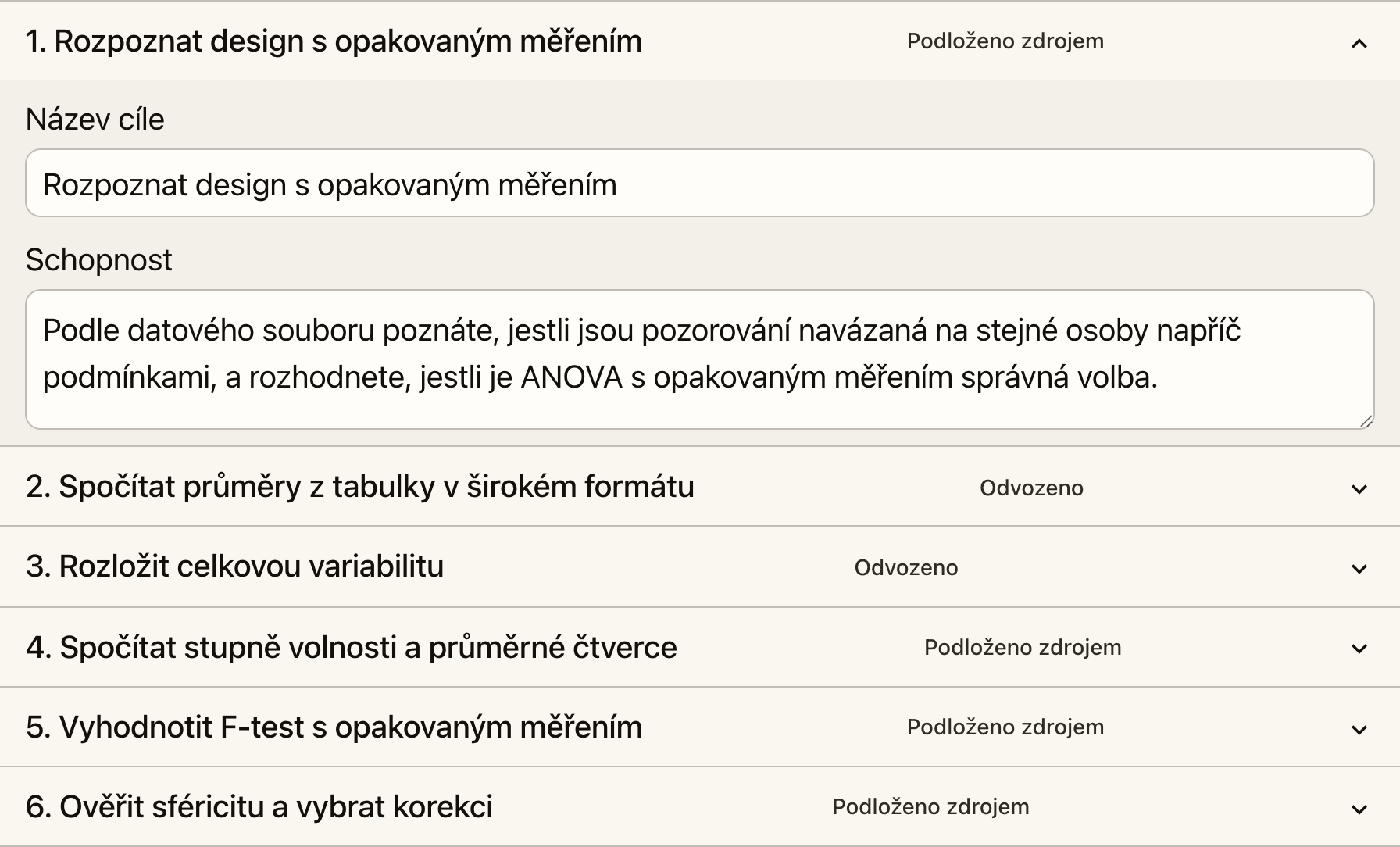 Mapa cílů v Coursition: cíl sepsaný z nahraného souboru, označený štítkem podloženosti a otevřený k úpravě.