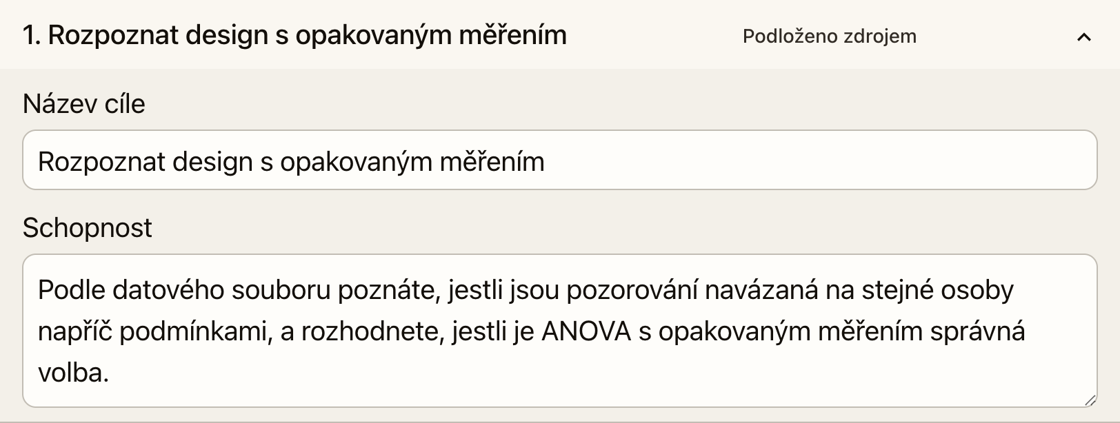Mapa cílů v Coursition: jeden cíl s názvem a schopností, kterou si studující odnesou.